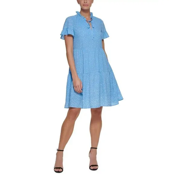 dkny blue polka dot dress DKNY Navy blue, white polka dot belted midi